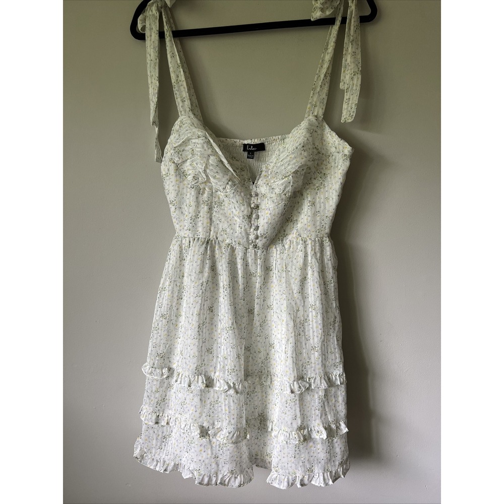 Lulus Catalina Cutie Ivory Floral Ruffled Tie-Strap Mini Dress Size Large NWT